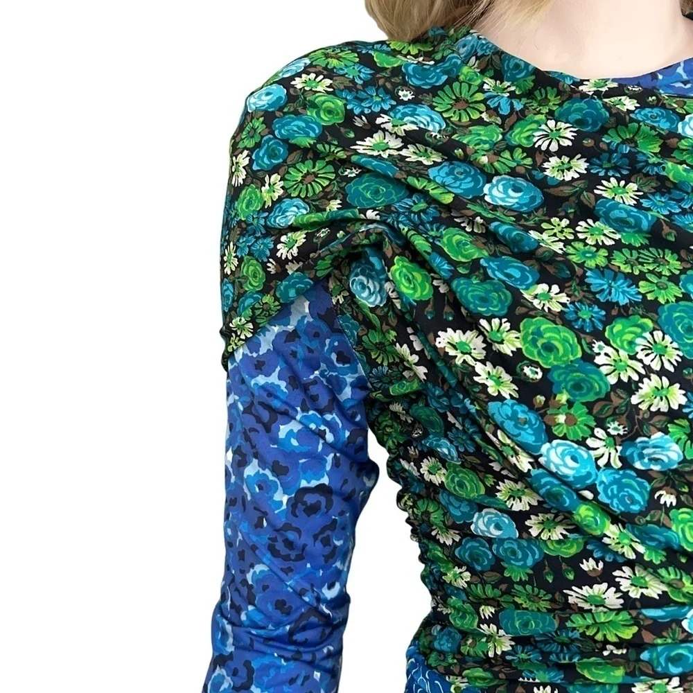 ZARA Patchwork Floral Blouse Top Keyhole Neckline Ruched Draped Cape Sleeve NWOT - Picture 6 of 16